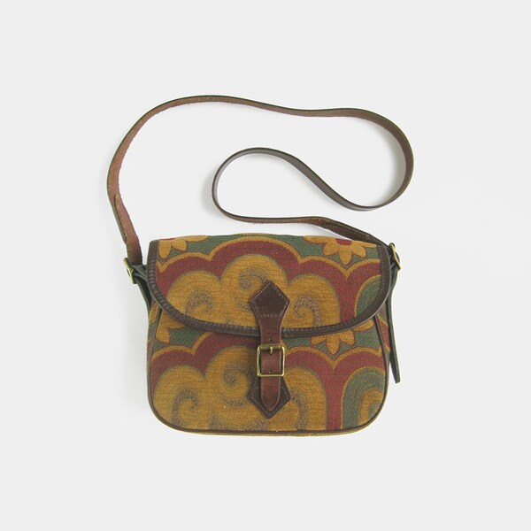 Vintage Tapestry and Real Leather Saddle Bag - yellow red green cartridge handbag shoulder cross body satchel brown medium boho hippie 1980s
