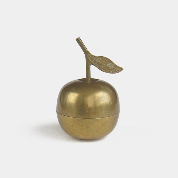 Vintage Brass Apple Trinket Pot - mid century fruit ornament antique lidded jar solid jewellery jewelry box gold bronze coloured