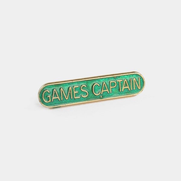 Vintage Games Captain School Pin Badge - bright emerald green enamel gold high school sports day mid century brooch