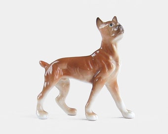 Fine English Porcelain Boxer Dog Figurine - mahogany brown white puppy figure china ornament animal mid century tiny small miniature