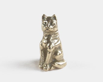 Vintage Brass Cat Ornament - kitten sitting seated animal figure figurine gold coloured mid century folk cast