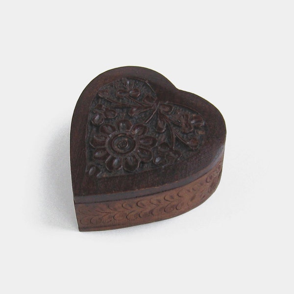 Vintage Heart Shaped Wooden Box - carved carving dark chocolate brown jewellery jewelry trinket storage box love rustic folk art handmade
