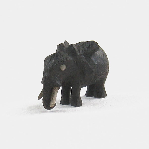 Miniature Folk Art Wooden Elephant Figurine - tiny carving hand carved indian african ornament figure black rustic walking standing animal