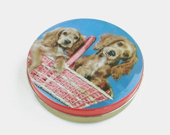 Vintage Spaniel Dogs Tin - dog treat puppy in basket box pink blue springer king charles english cocker sussex kitsch huntley and palmers