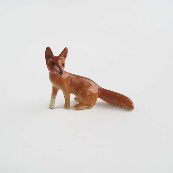 Porcelain Fox Figurine - small sitting seated cute animal ornament orange brown folk kitsch china vintage