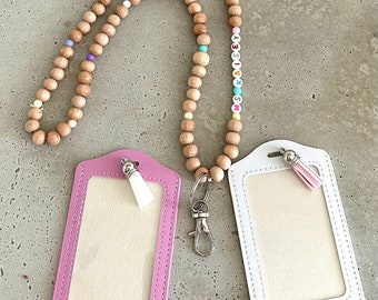 Pastel Rainbow Personalized  Wood Boho Lanyard- Teacher Lanyard- Nurse Lanyard- ID Holder