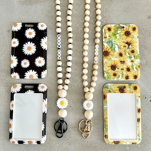 Daisy Sunflower Personalized  Wood Boho Lanyard- Teacher Lanyard- Nurse Lanyard- ID Holder