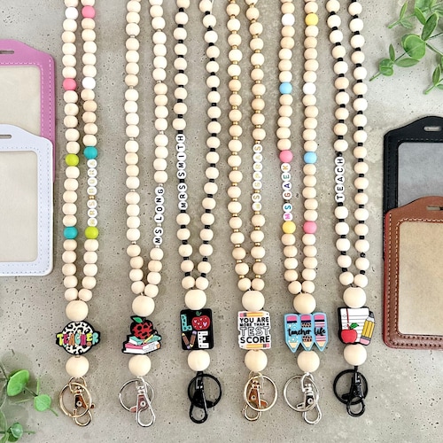 Boho Wood Bead Lanyard For Teachers - Adjustable Keychain With ID Holder & Tassel