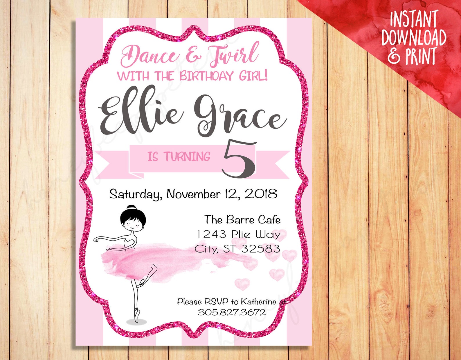 ballerina watercolor | birthday party invitation | ballet dancer | editable template adobe reader | instant download | ballerina