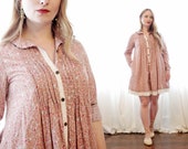 Vintage Kenzo cotton dusty rose pink calico cream lace cottagecore button up long sleeve shirtdress mini tent dress