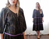 Vintage Gothic black printed cotton poet sleeve tiered trapez peasant dress bohemian Indian style