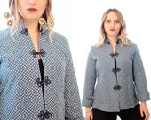 Vintage 1970s quilted cotton Asian inspired padded jacket blue calico floral print Irene Kasmere