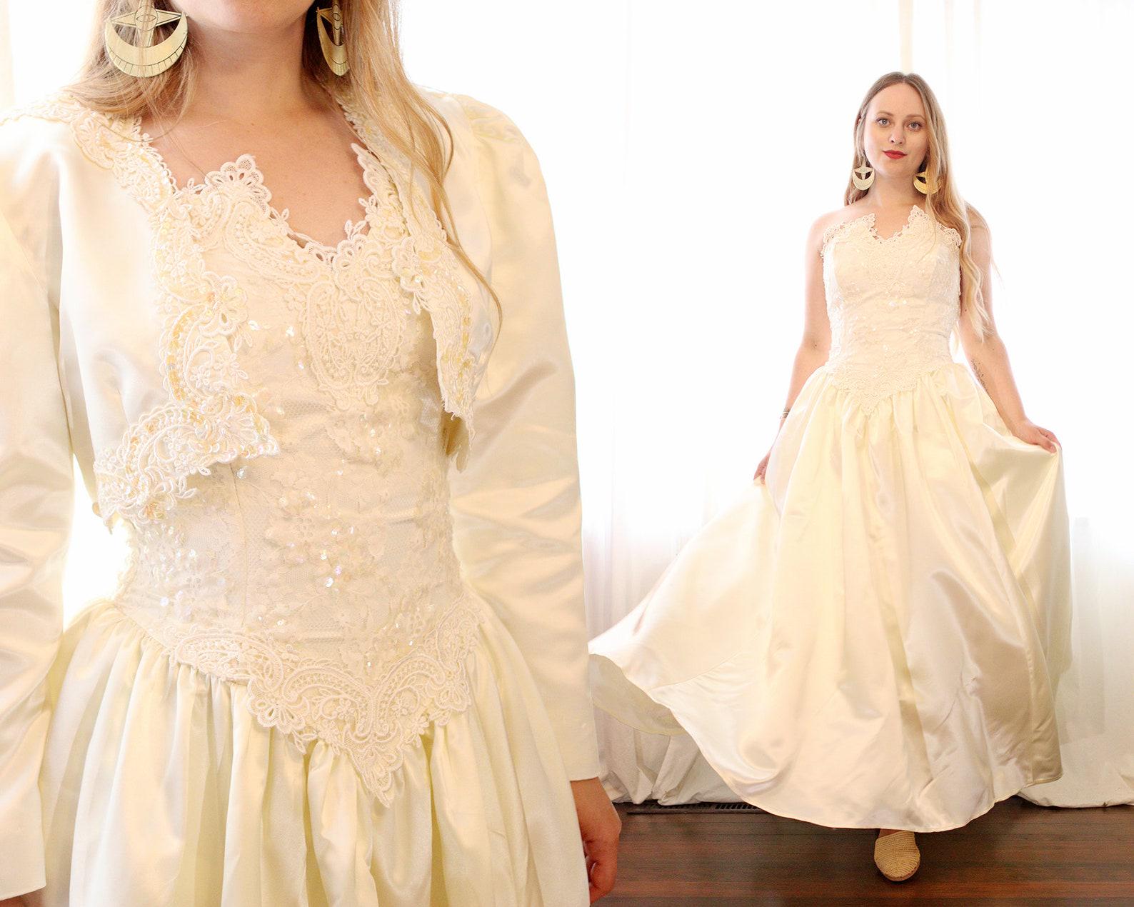 Basque Bolero Vintage Jessica Mcclintock Bridal Wedding Dress Set Ivory Satin Lace ...