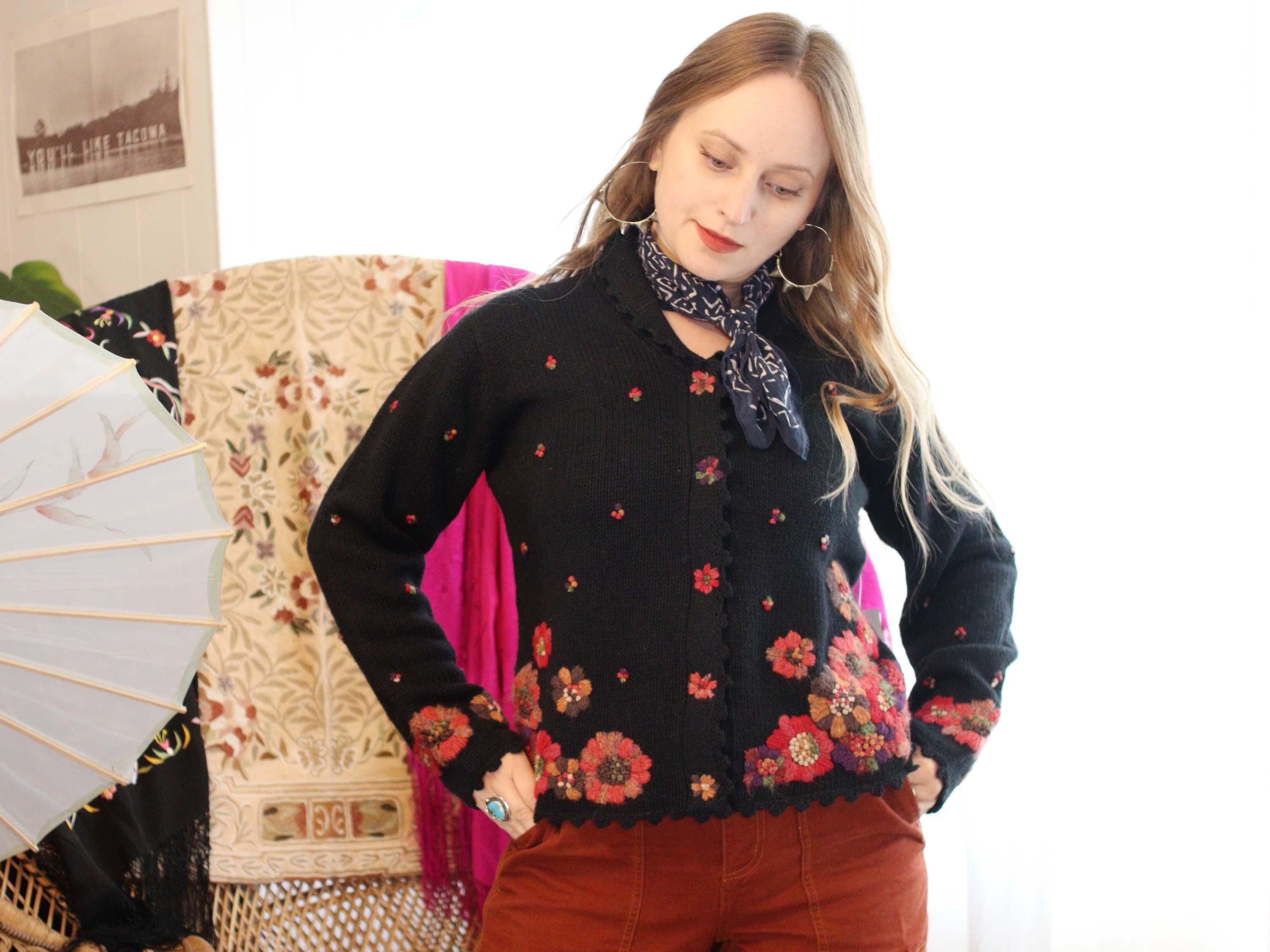 Vintage 90s Black Raimie Linen Wool Blend Chunky Knit Hand