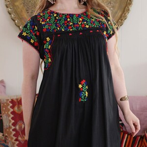 Vintage Sultana Adini Maxi Folk Caftan Dress Black Cotton Mexican