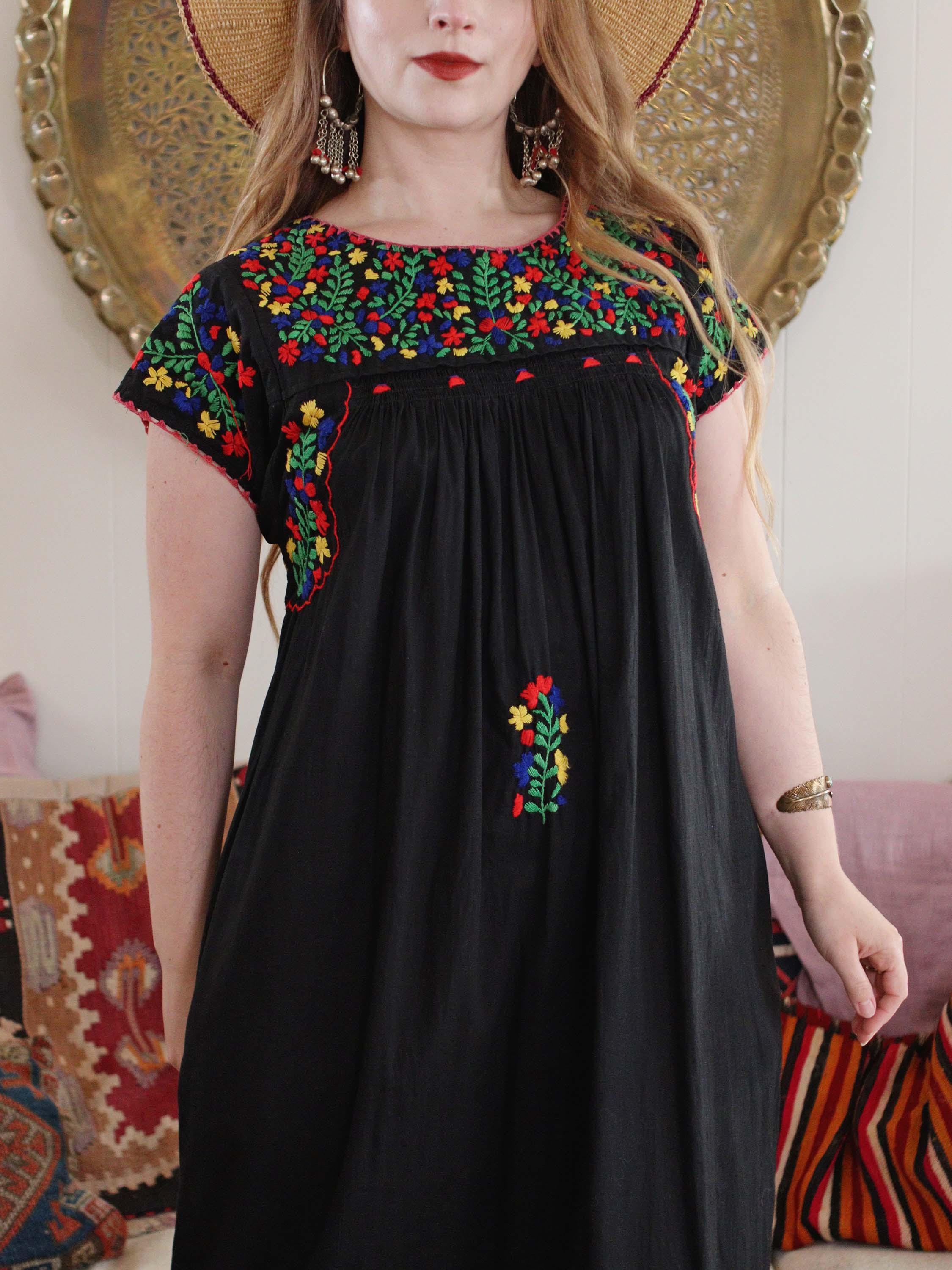 Vintage Sultana Adini Maxi Folk Caftan Dress Black Cotton Mexican