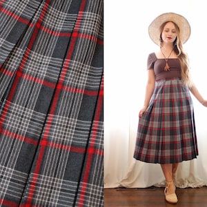 Vintage I. Magnin pure wool high quality pleated plaid high waisted skirt grey red tartan 80s 90s