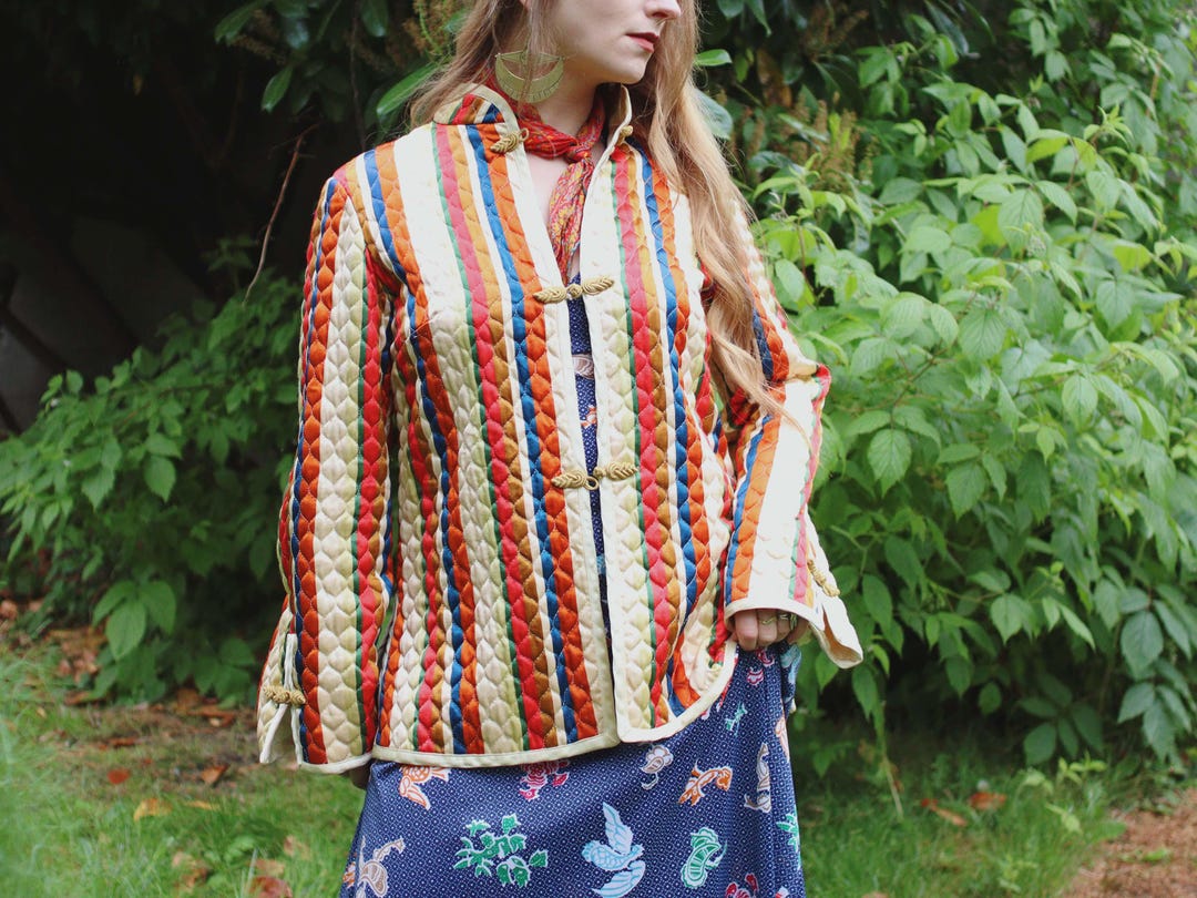 Vintage Asian Frog Clasp Quilted Satin Striped Nehru Collar Jacket ...