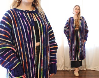 Vintage chunky knit oversized cardigan duster afghan blanket sweater coat navy blue space dye rainbow stripe pockets bohemian hippie style