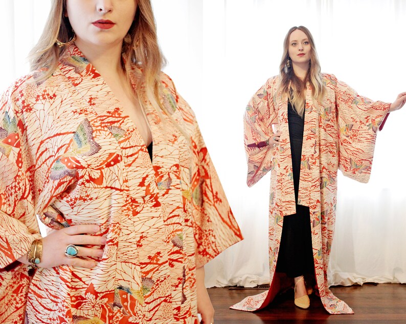Vintage 100% Silk Japanese Filleted Kimono Robe Cream Orange - Etsy