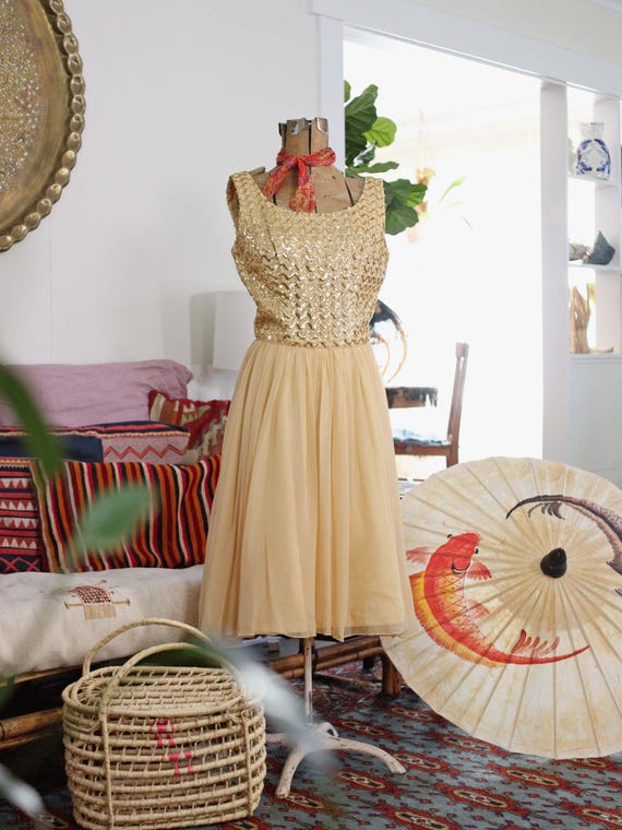 gold 60s dress Vintage 1960s Fit and Flare Party Chiffon Skirt Sequin Chevron Bodice Sleeveless Scoop Neck Balletcore STRAPLESS-GOWN