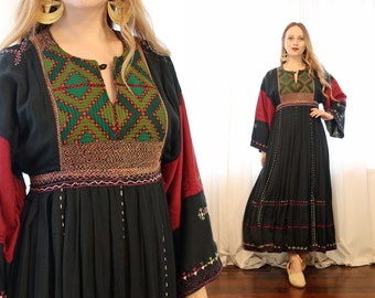 Vintage Afghani folk dress woven black red rayon hand embroidered wide sleeve Middle Eastern bohemian maxi dress