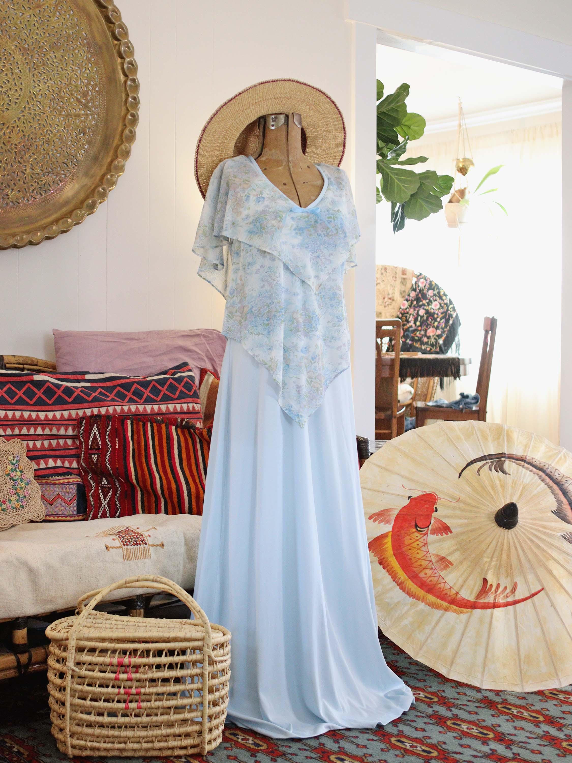 blue dress for baby girl White 1970s Off-Shoulder Lace Tiered Boho Dress