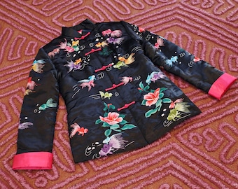Vintage Chinese Silk Hand Embroidered Rainbow Koi Fish Camelia Blossom and Lotus Theme Black Pink Satin Jacket frog clasp Mandarin Collar