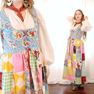 Handmade Corset Bodice Midi Dress Medievil Revival Renaissance Scoop Neck dirndl Vintage 1960s cotton quilted Skirt fruit print fabric