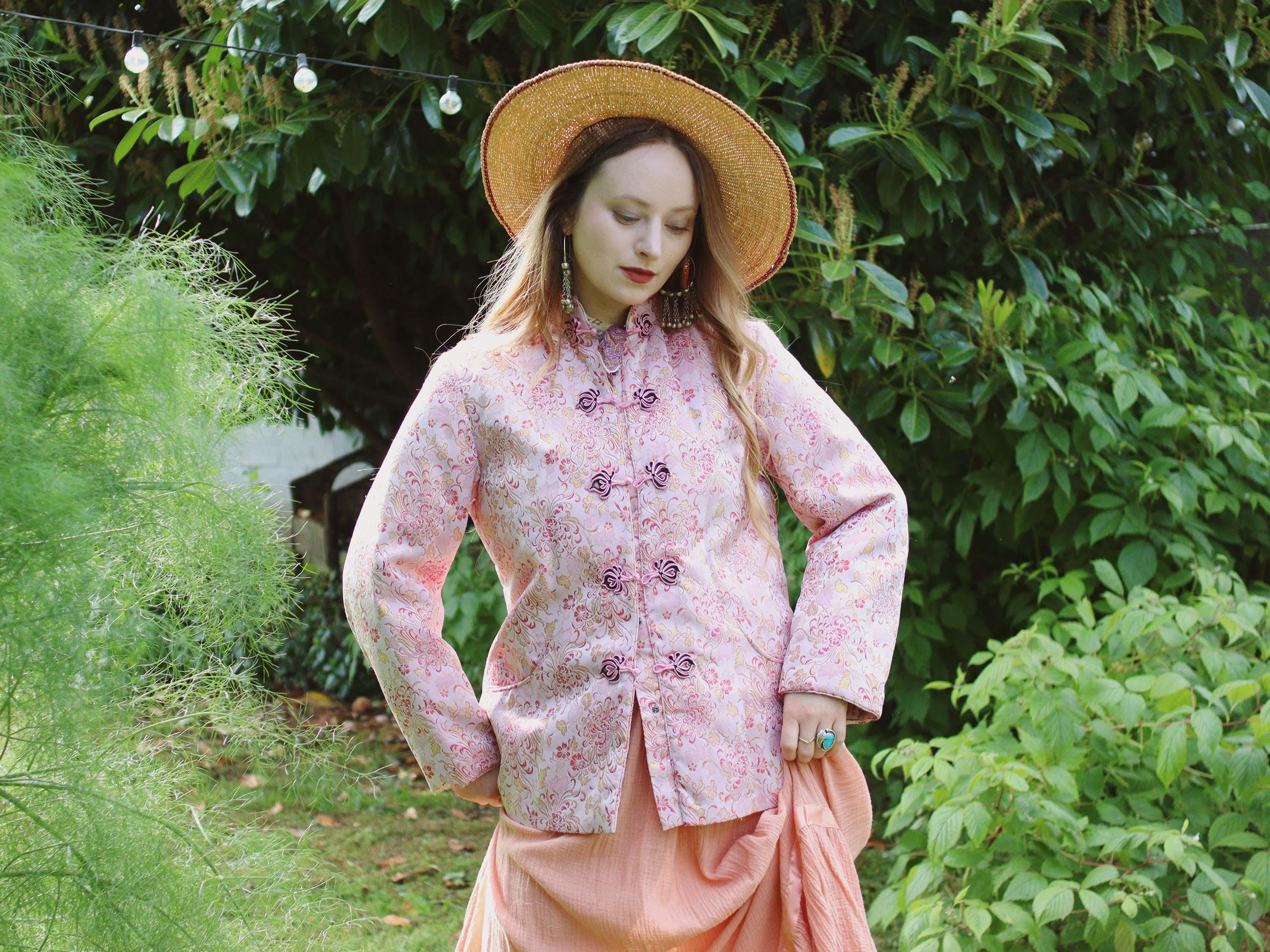 Vintage Soft Pink and Metallic Gold Satin Brocade Chinese Folk