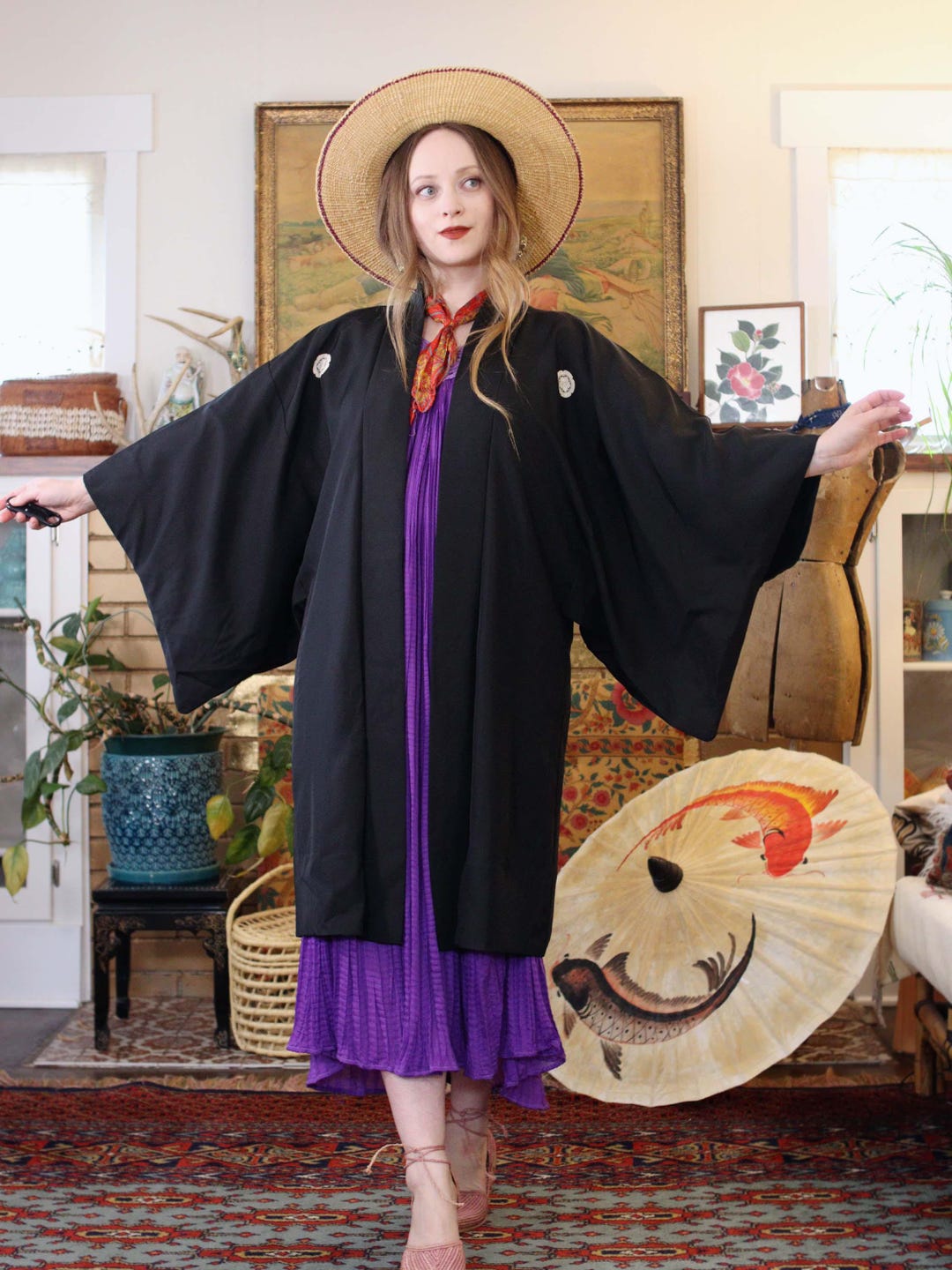 Hakui Robe Vintage Black Silk Cropped Japanese Haori Kimono Robe Jacket With ...