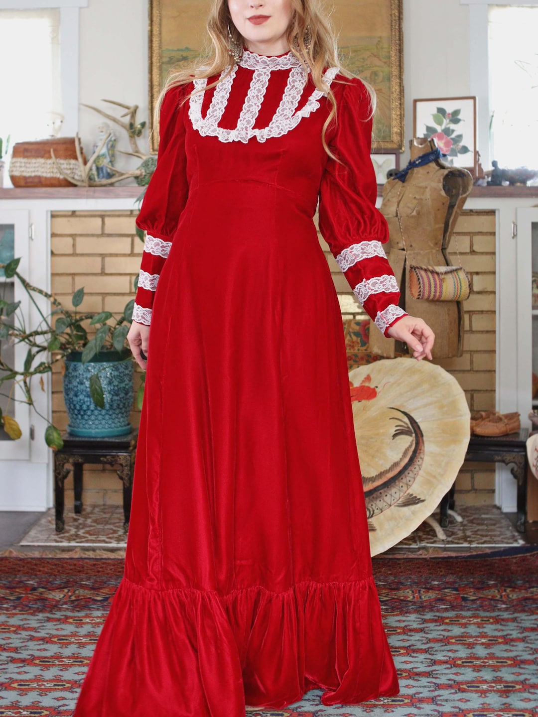 forbidden fruit velvet dress 1970s deep red 1970s Velvet Party Dress & Cape Set