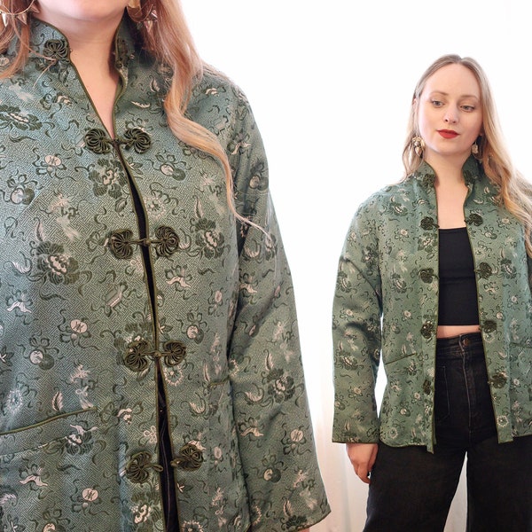 Vintage olive green silk satin brocade Chinese Nehru collar frog clasp Asian quilted folk jacket