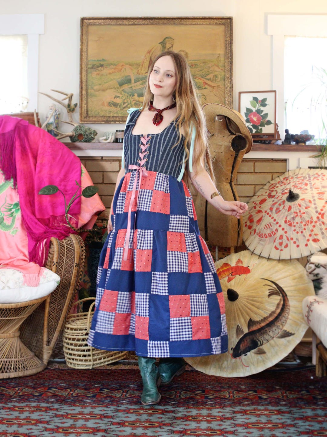 Corset Bodice Midi Dress Scoop Neck Quilted Patchwork Autumn