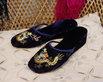 Vintage HAND BEADED Chinese Dragon Dark Midnight Blue Velvet Folk Slippers Shoes mule wedge heel 36 5.5 6