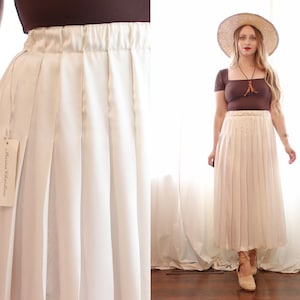 Vintage 1990s Ivory satin pleated elastic waist romantic midi skirt marisa christina 90s deadstock with tags
