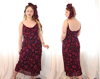 Vintage Y2K Black fuchsia purple chiffon beaded cowl neck strappy floral print bias cut formal cocktail prom dress with scarf whimsigoth