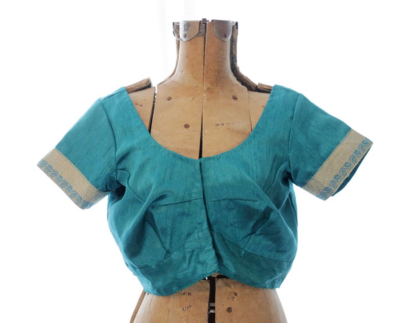 Vintage Indian crop top choli blouse turquoise dupioni shantung silk style gold trim boHo bohemian hippie festival