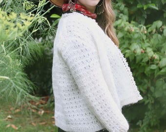 Vintage 1960s Ivory Mohair Blend Crochet Open Lace Cardigan Sweater Chiffon Lined Cottagecore 60s