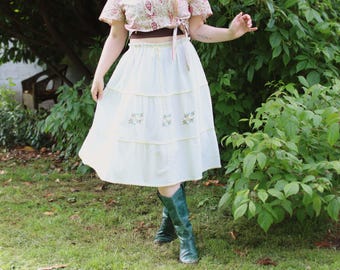 Vintage 1970s cream cotton gauze embroidered crochet trim peasant prairie style hippie folk skirt 70s cottoagecore a line knee length L XL