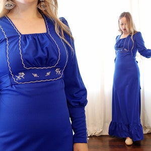 Vintage Mikey Jrs Of California Cobalt Royal blue long poet sleeve button cuff Renaissance revival Gunne Sax inspired embroidered 70s dress