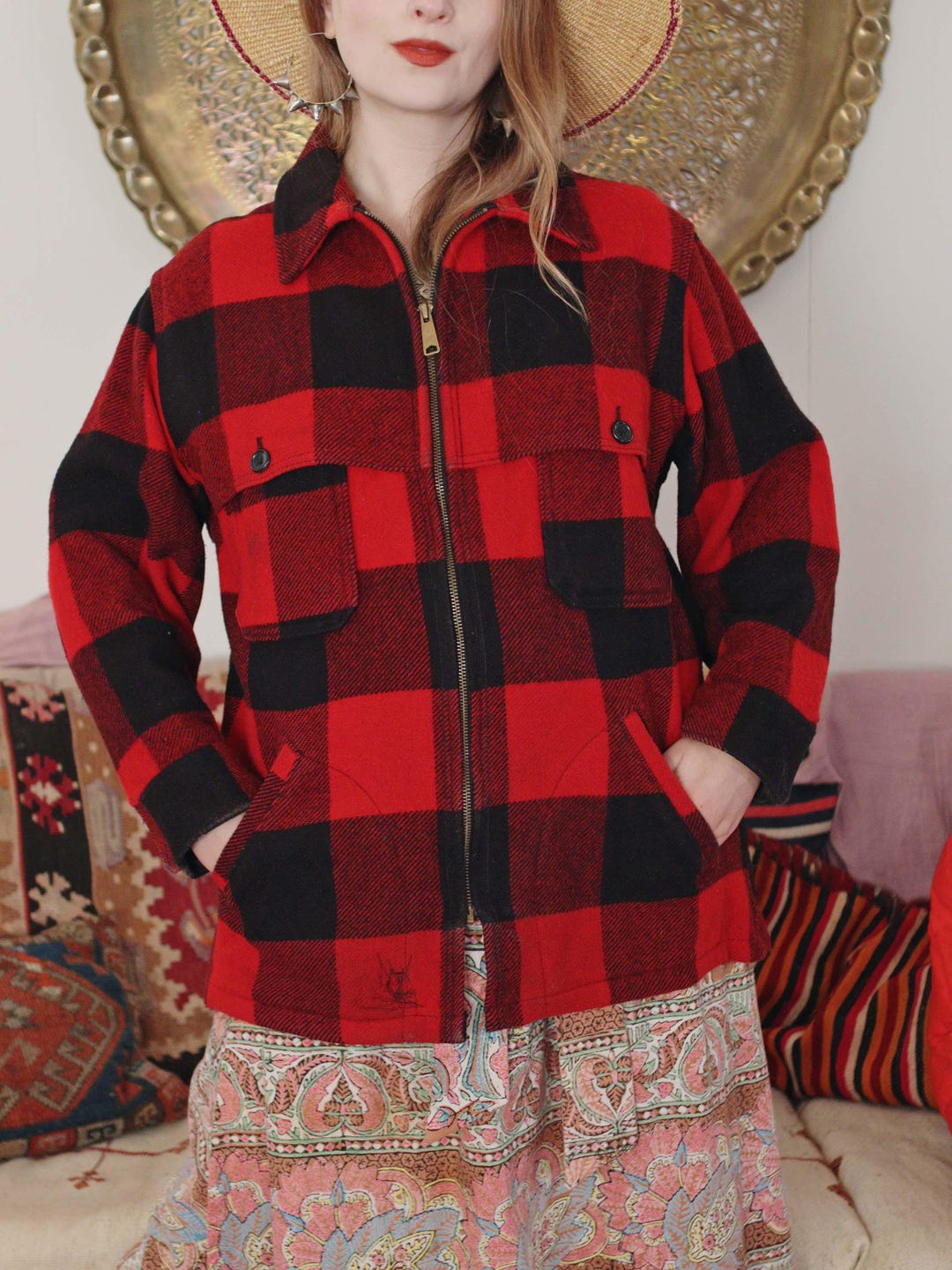 Vintage Woolrich Buffalo Plaid Red Black Virgin Wool Folk Style