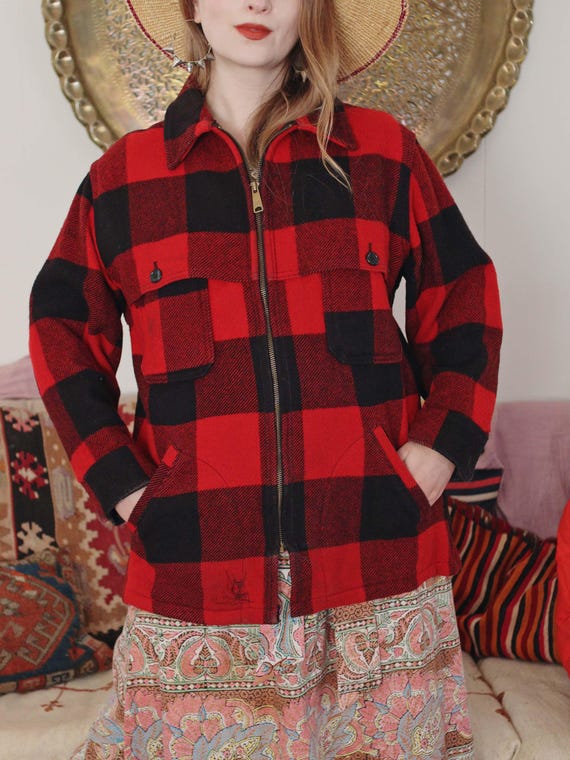 Vintage Woolrich Buffalo Plaid Red Black Virgin Wool Folk Style