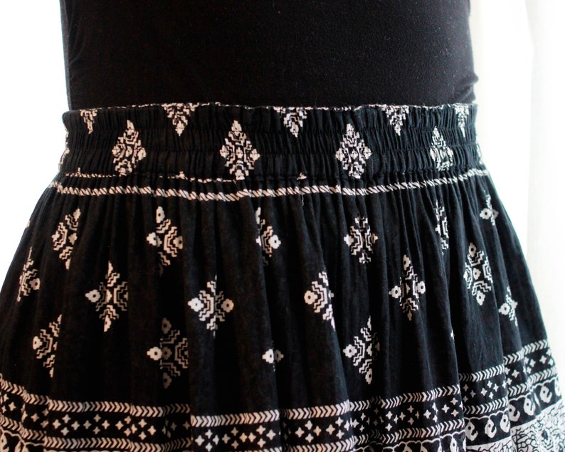 Vintage Phool Indian cotton gauze broomstick peasant Black and white block print style midi skirt boHo hippie