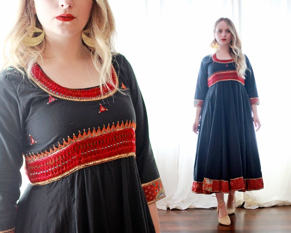 Vintage Indian black cotton red embroidered block