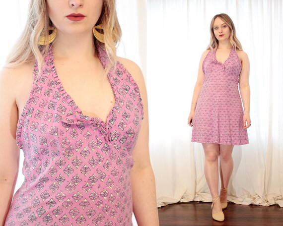 Vintage 1960s 1970s pink block printed Indian cott