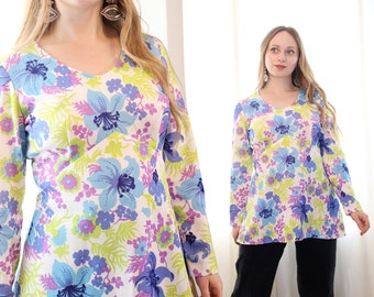 Vintage 1960s empire waist long sleeve tunic top mini dress white blue lime purple tiki tropical hibiscus floral print hippie style 60s