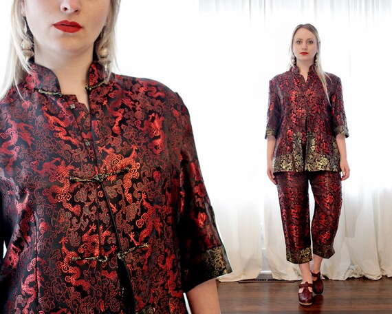 Vintage Chinese pajama suit set jacket trouser pan