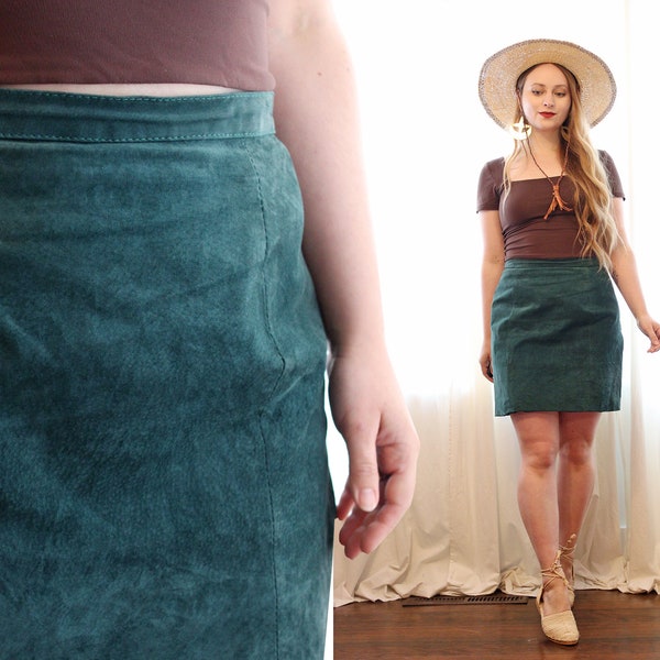 Vintage 1990s Drak Green Suede Leather mini skirt Jay Jacobs split leather Fully lined Whimsigoth bohemian style