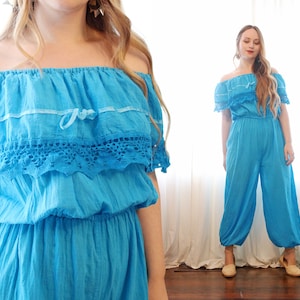 Vintage Mexican cotton gauze playsuit jumpsuit off shoulder crochet trim cyan turquoise blue hippie folk style